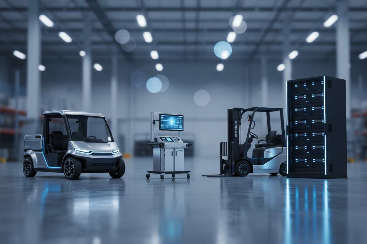 一张用于网站横幅背景的广角景观照片。场景是一个干净、现代、高科技的工业设施仓库，有抛光的混凝土地面。左侧是一辆现代电动公用车辆（高尔夫球车风格）。中间区域是一辆带屏幕的可移动医疗或工业仪器推车。右侧是一辆停在商用储能柜旁边的干净电动叉车。光线是专业的冷蓝色和明亮的白色工业照明。背景严重模糊（大光圈虚化）以便覆盖文字。没有无人机，没有机器人，没有生产线。电影级4K画质。--宽高比 16:9