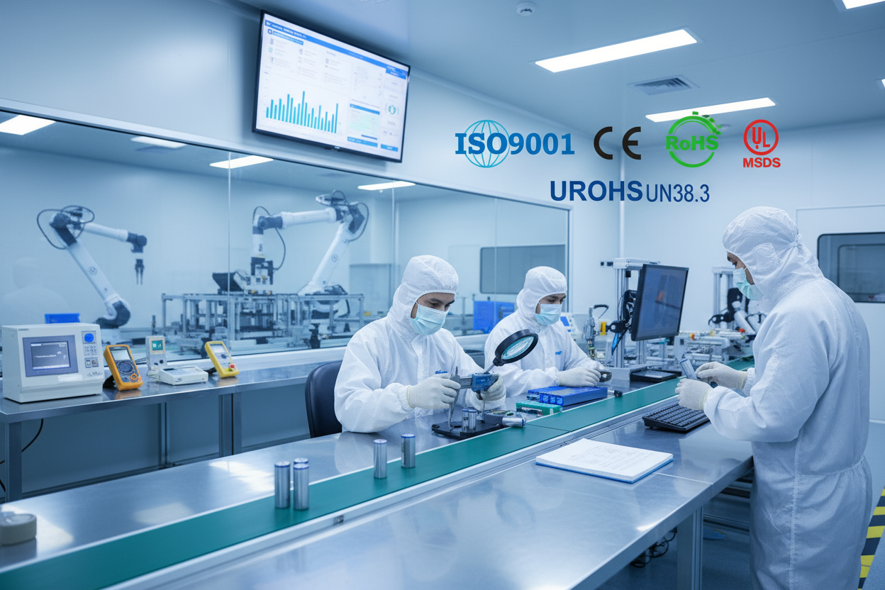 Our factory operates under ISO9001 and ISO14001 certified management systems, ensuring consistent quality and environmental responsibility. All products strictly comply with international standards such as UN38.3, CE, RoHS, MSDS, and UL. Each cell undergoes multiple inspections and reliability tests before shipment, guaranteeing performance, safety, and traceability. With advanced testing equipment and a professional QA team, we maintain the highest level of quality assurance throughout every production sta